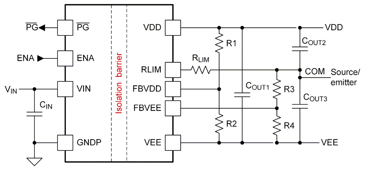 アプリケーション回路図 - Texas Instruments UCC14130-Q1車載用、絶縁型DC/DCモジュール